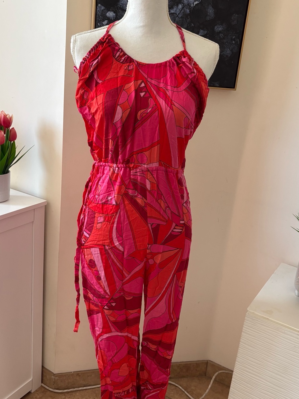Women's Red & Pink Print Halter Jumpsuit